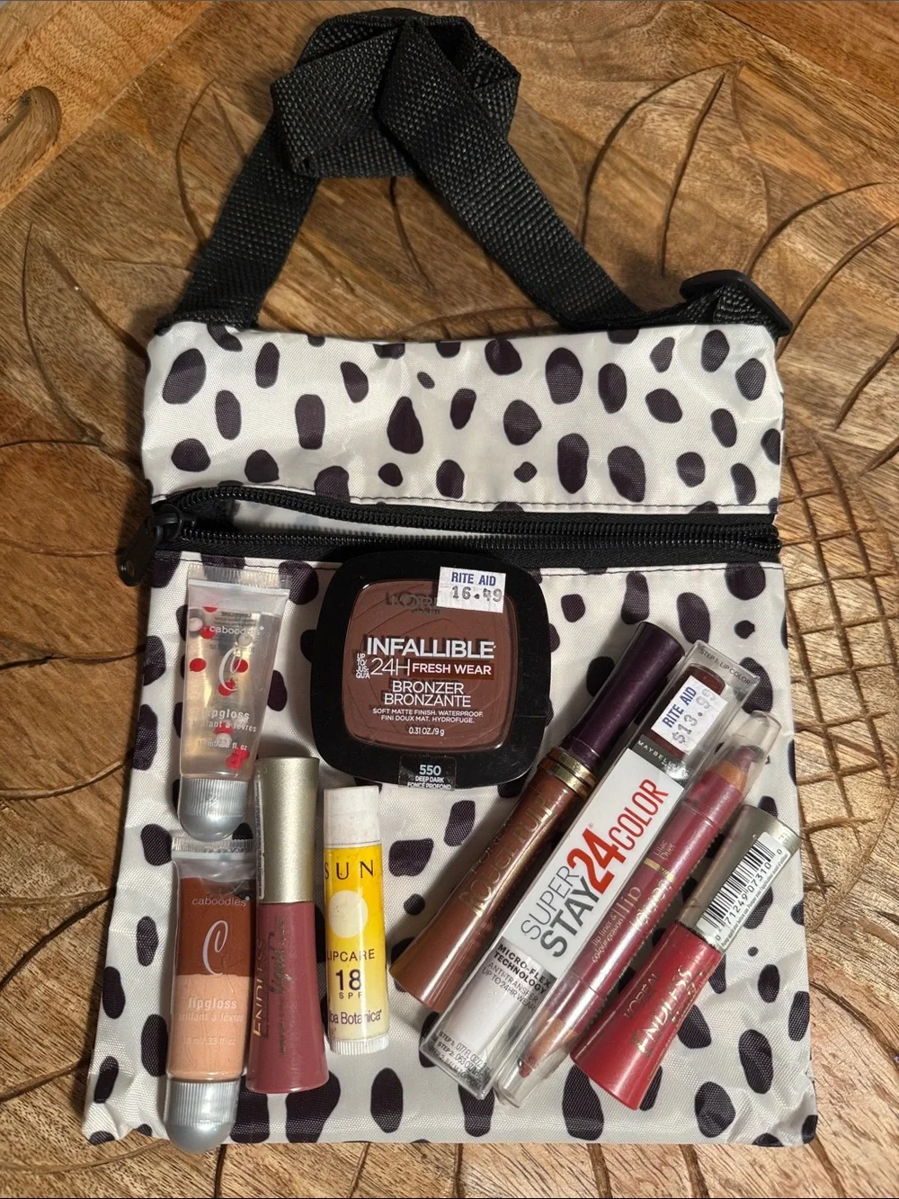💄NWT L'Oreal Infallible Bronzer deep& Mauve Lip Set with Spotted Crossbody Pouch